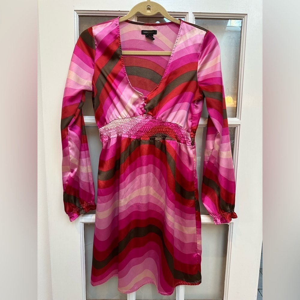 Y2K BCBGMAXAZRIA Pink Red Stripe Retro Babydoll Mini Dress Size XS